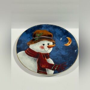 Vintage Elaine Thompson 1997 Snowman Brown Hat & Red Scarf 12.5” Serving Platter